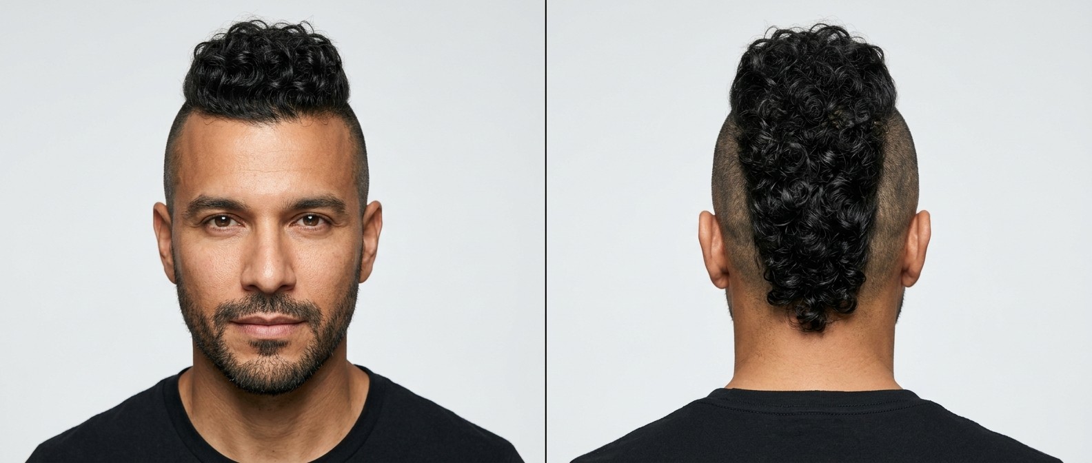 Vorder- und Rückansicht eines Mannes mit einem markanten Curly Mohawk, dichten, glänzenden Locken und rasierten Seiten.