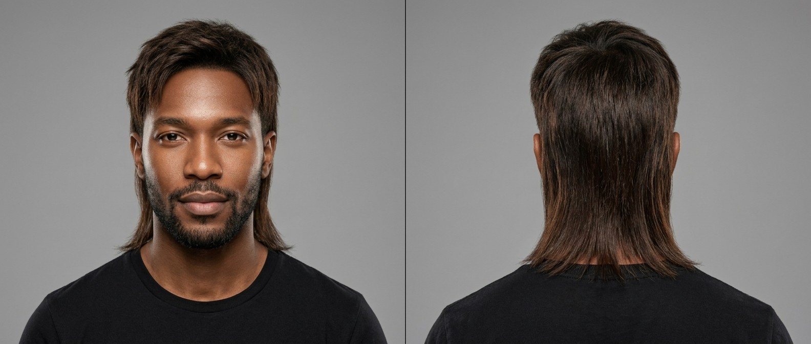 Hombre de tez oscura con barba corta luciendo un mullet moderno liso con flequillo texturizado sobre fondo gris.