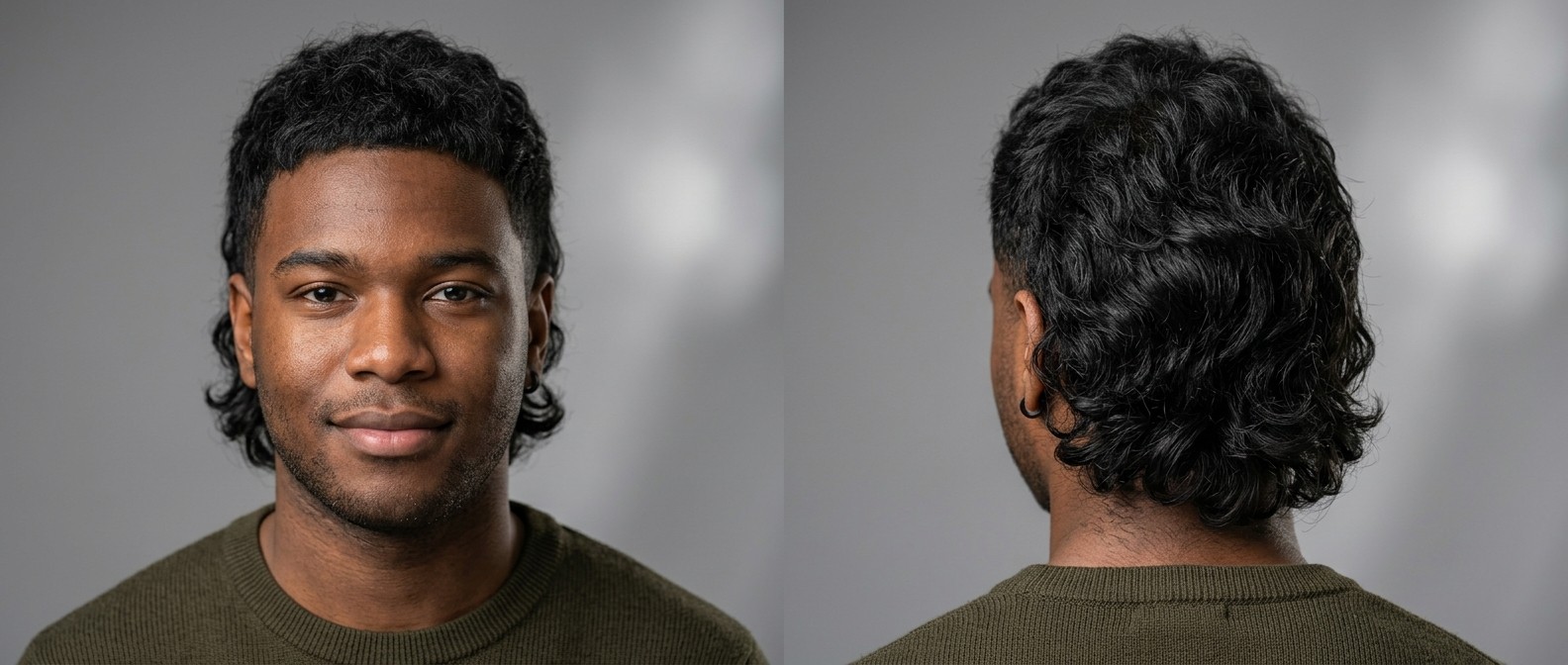 Jovem negro com mullet moderno ondulado, laterais em degradê, franja texturizada e parte de trás longa e volumosa.