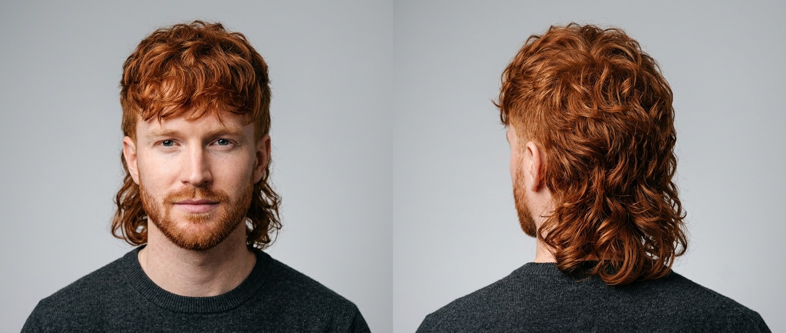 Vista frontal e traseira de um jovem de pele clara, com barba curta e um mullet ondulado ruivo, vestindo um suéter cinza escuro.