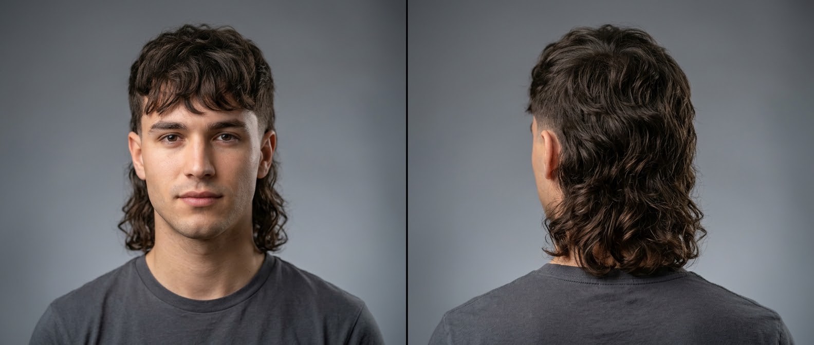 Young man modeling a modern wavy mullet hairstyle, featuring short tapered sides, a textured forward fringe, and long cascading waves in back.