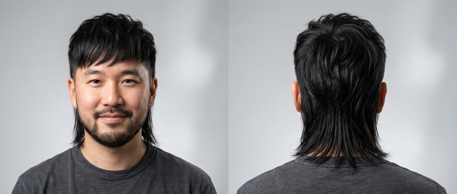 Asian man aged 35-45 with a short beard modeling a modern textured mullet haircut featuring short sides, a piecey fringe, and a long layered back.