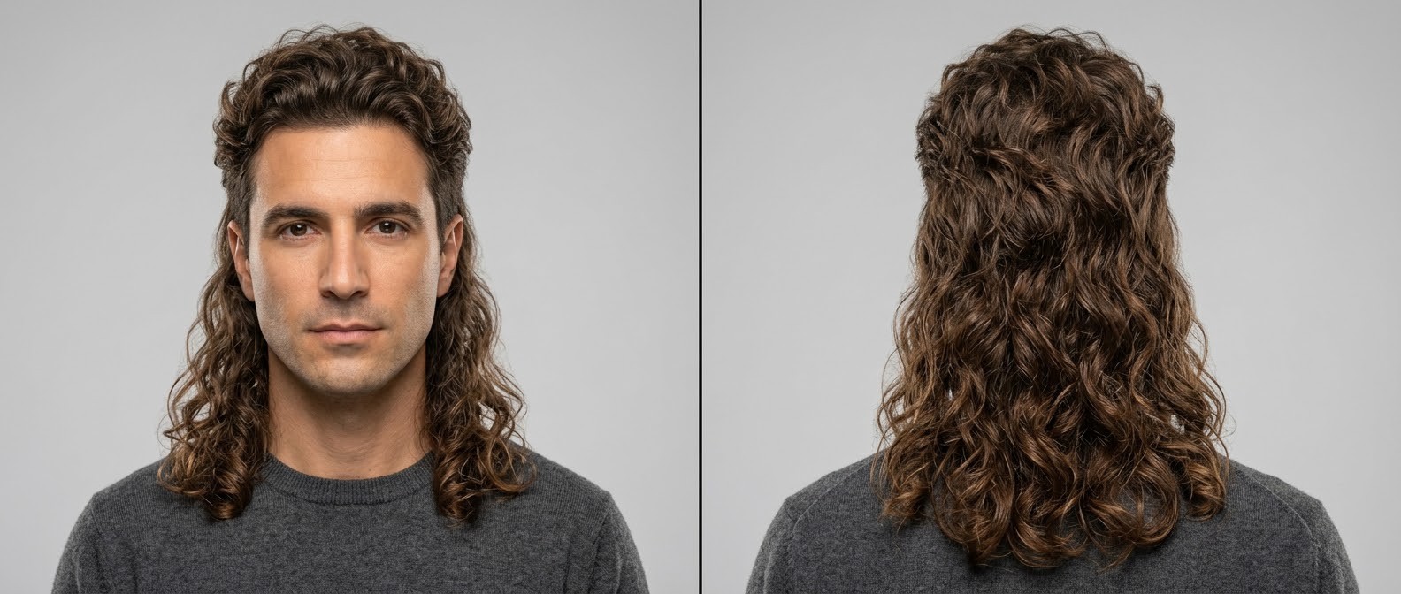 Front and back view of a 40-year-old man with a modern wavy mullet haircut, featuring a short swept-back top and extremely long cascading brown waves.