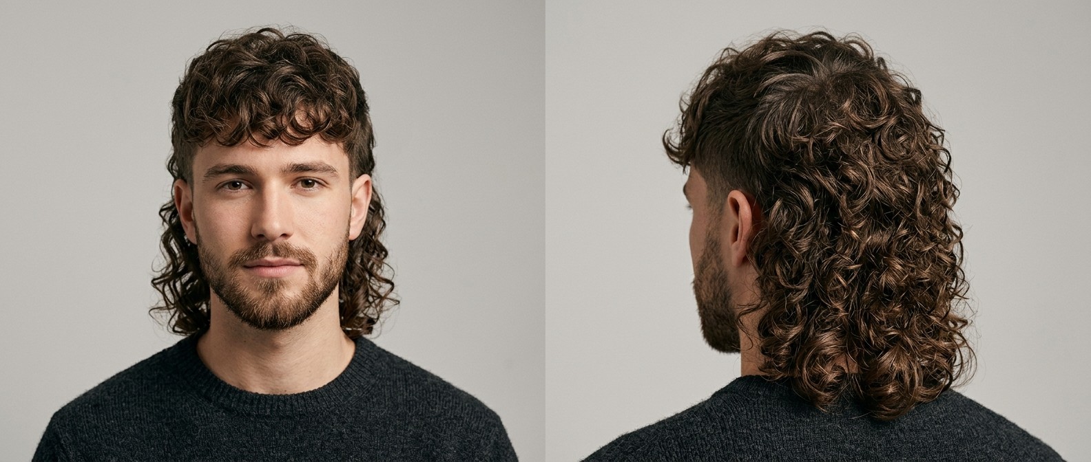 Joven con barba y mullet rizado moderno, flequillo corto texturizado y laterales degradados.