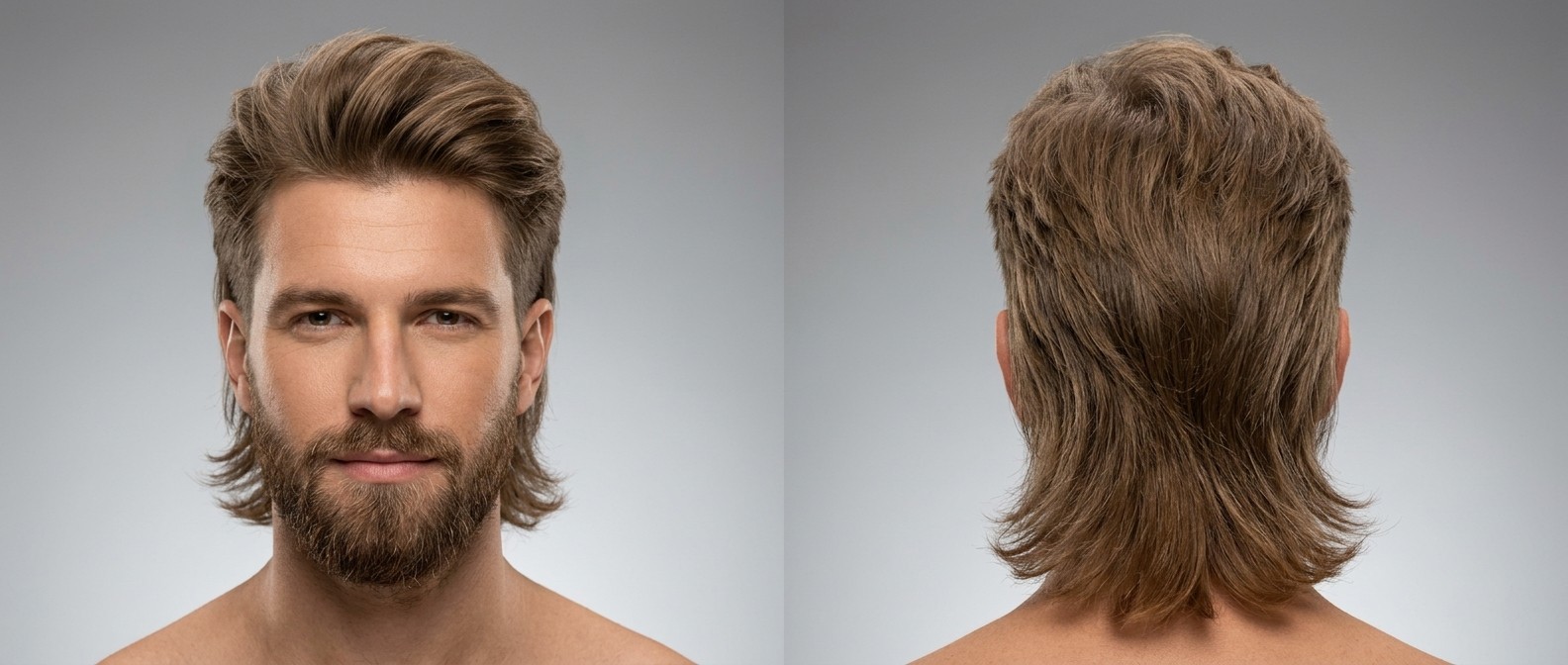 Vista frontal y trasera de un hombre con barba espesa luciendo un mullet moderno peinado hacia atrás con mucho volumen.