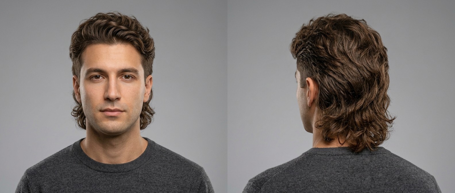 Vista frontal y trasera de un joven con mullet moderno ondulado, cabello castaño peinado hacia atrás, laterales degradados y nuca larga texturizada.