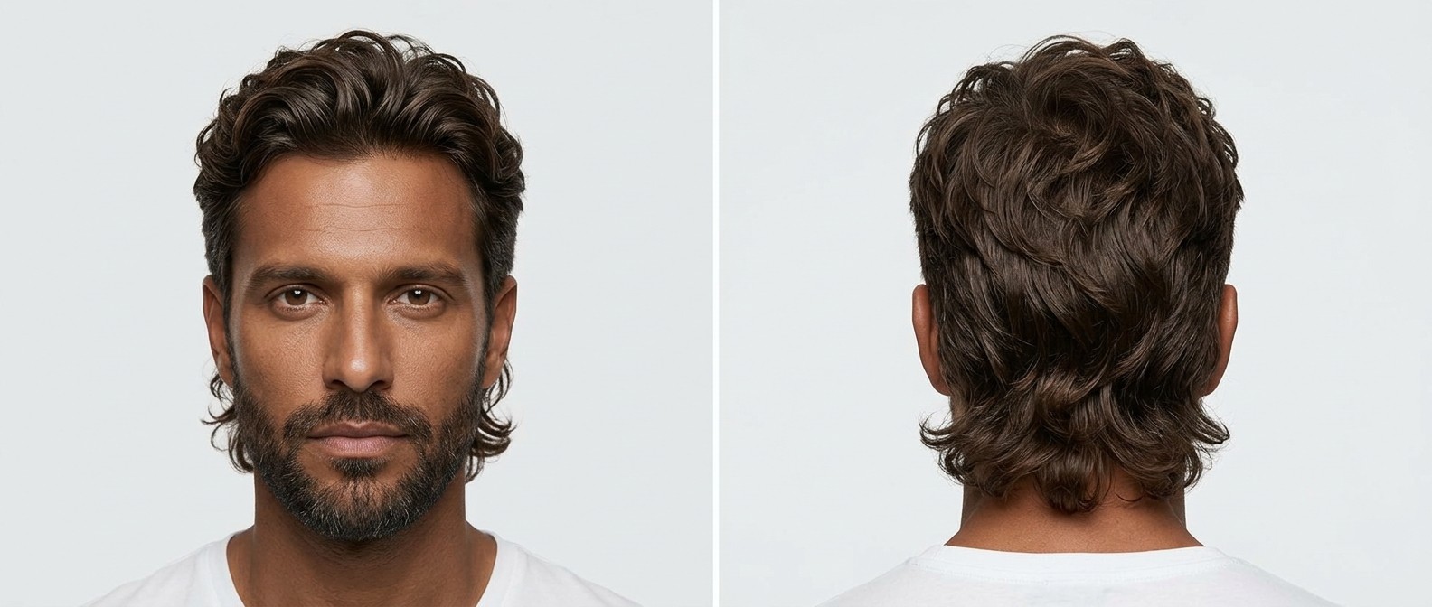 Vista frontal y trasera de un hombre de piel oscura con barba y un mullet ondulado moderno castaño, con la parte superior peinada hacia atrás.