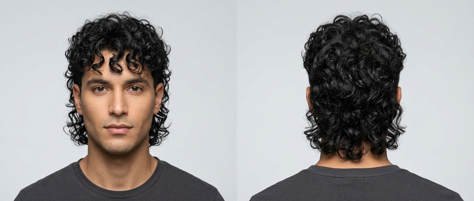 Vista frontal y trasera de un hombre joven de 25-35 años con piel oliva y cabello rizado tipo 3, luciendo un mullet moderno con laterales degradados.