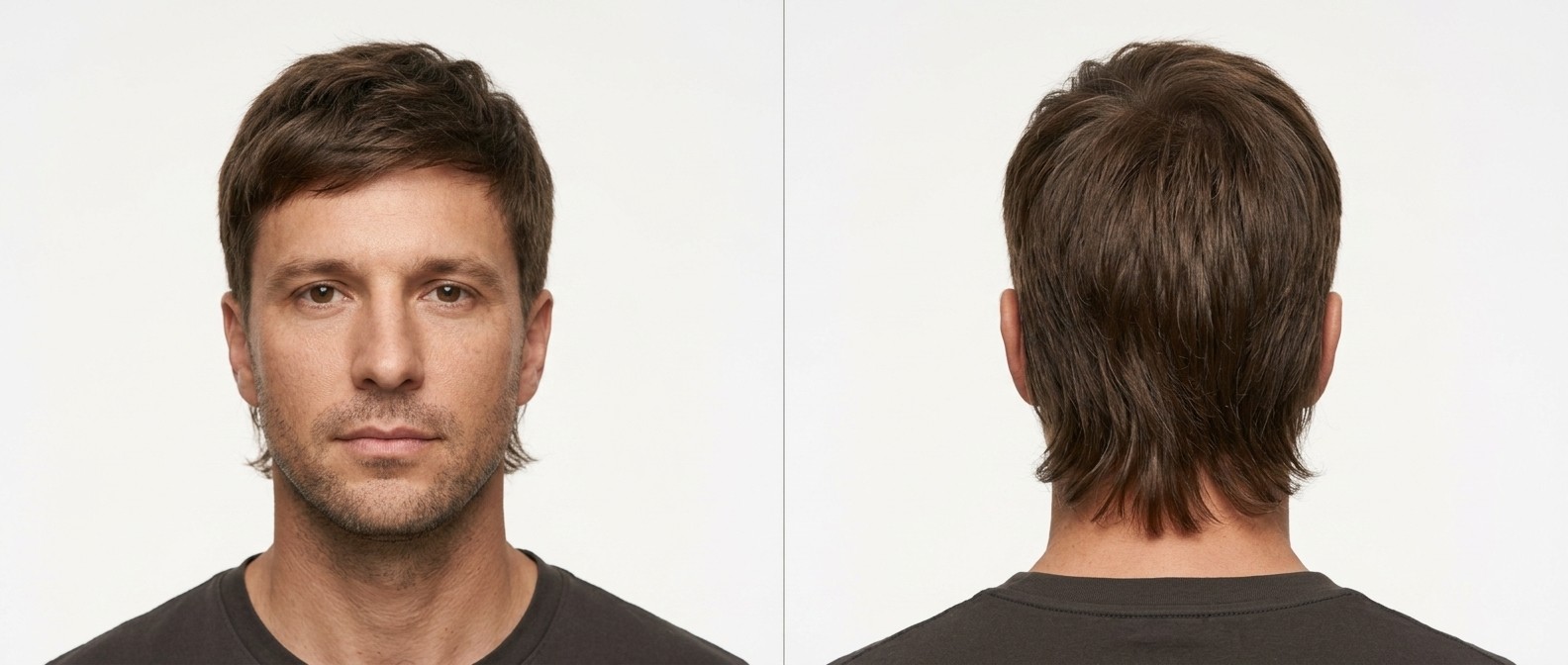 Vista frontal y trasera de un hombre con un mullet corto moderno, flequillo texturizado, laterales degradados y nuca ligeramente larga.