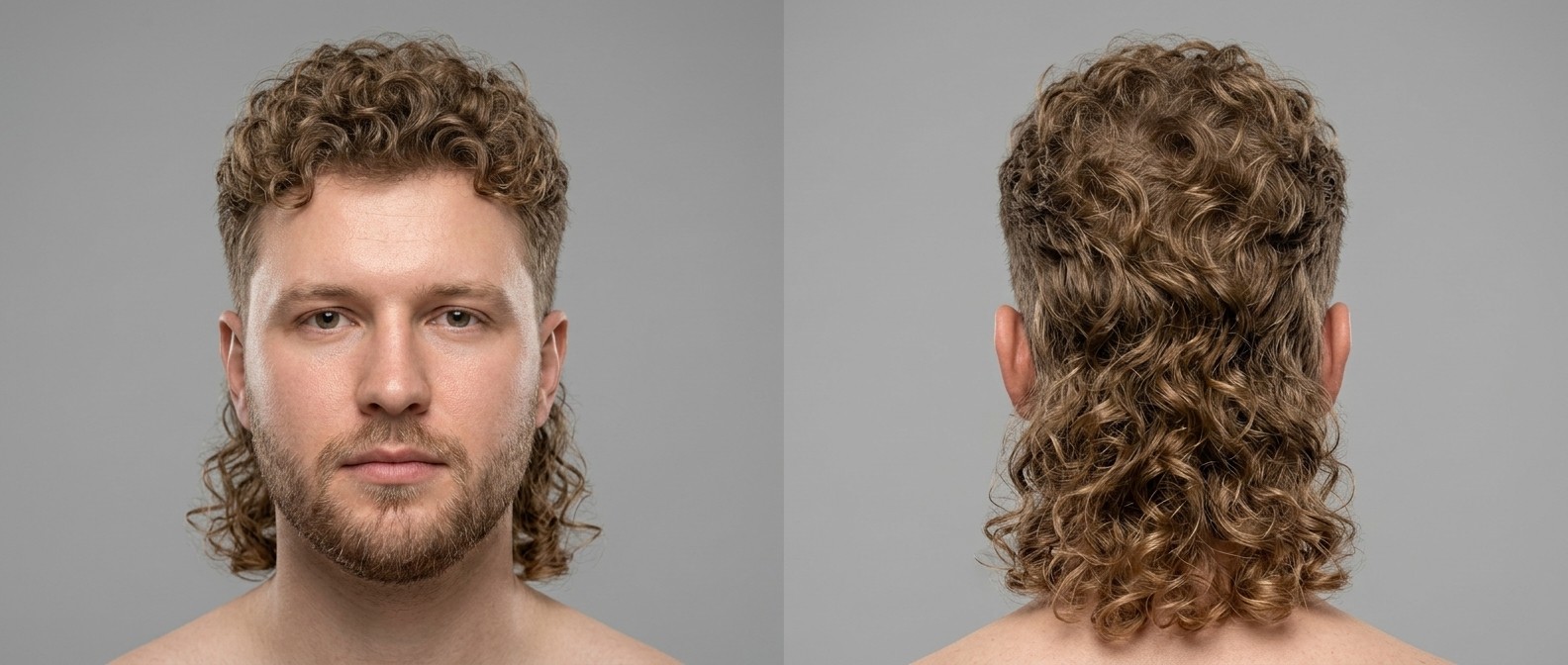 Vista frontal y trasera de un hombre con mullet rizado moderno, laterales degradados y rizos definidos en la nuca.
