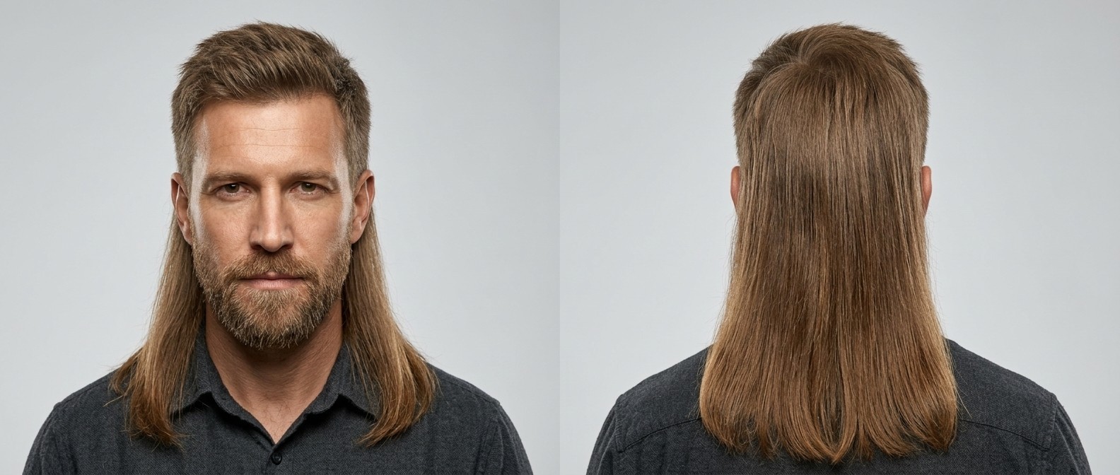 Vista frontal y trasera de un hombre maduro con barba completa llevando un mullet liso extremo con parte superior texturizada y melena larga.