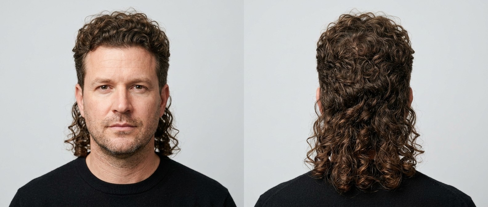 Mature Caucasian man with thick brown Type 3 curly hair styled in a modern mullet, featuring short neat sides and a long, cascading curly back.