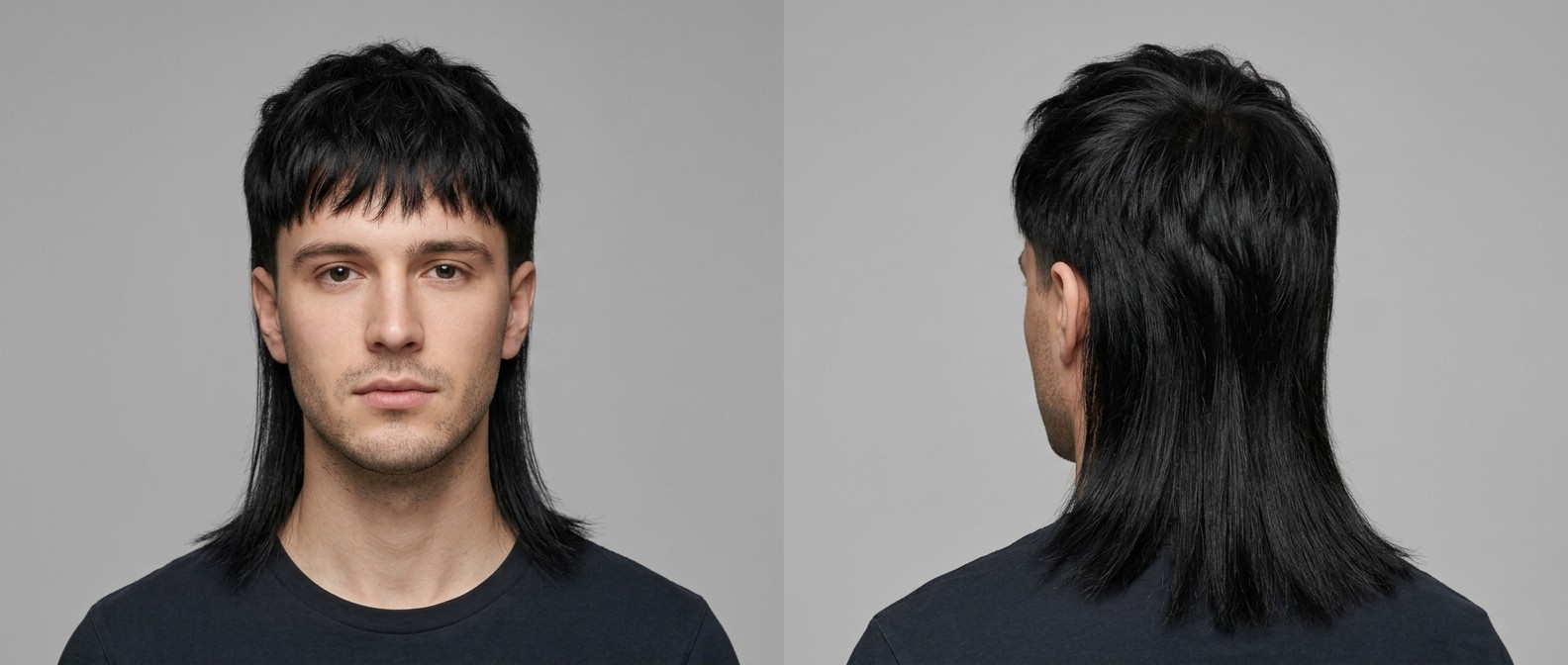 Young man with thick black hair modeling a modern mullet featuring a choppy textured fringe, short sides, and a very long straight back.