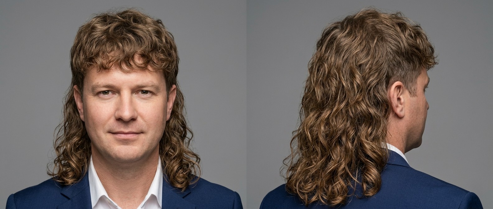 Front and side profile of a man over 45 with a wavy brown mullet, featuring short sides, a textured fringe, and long flowing wavy hair in the back.