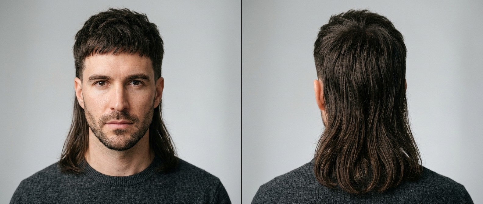 Front and back view of a modern men's mullet hairstyle featuring a short choppy textured fringe, faded sides, and long straight dark brown hair in the back.