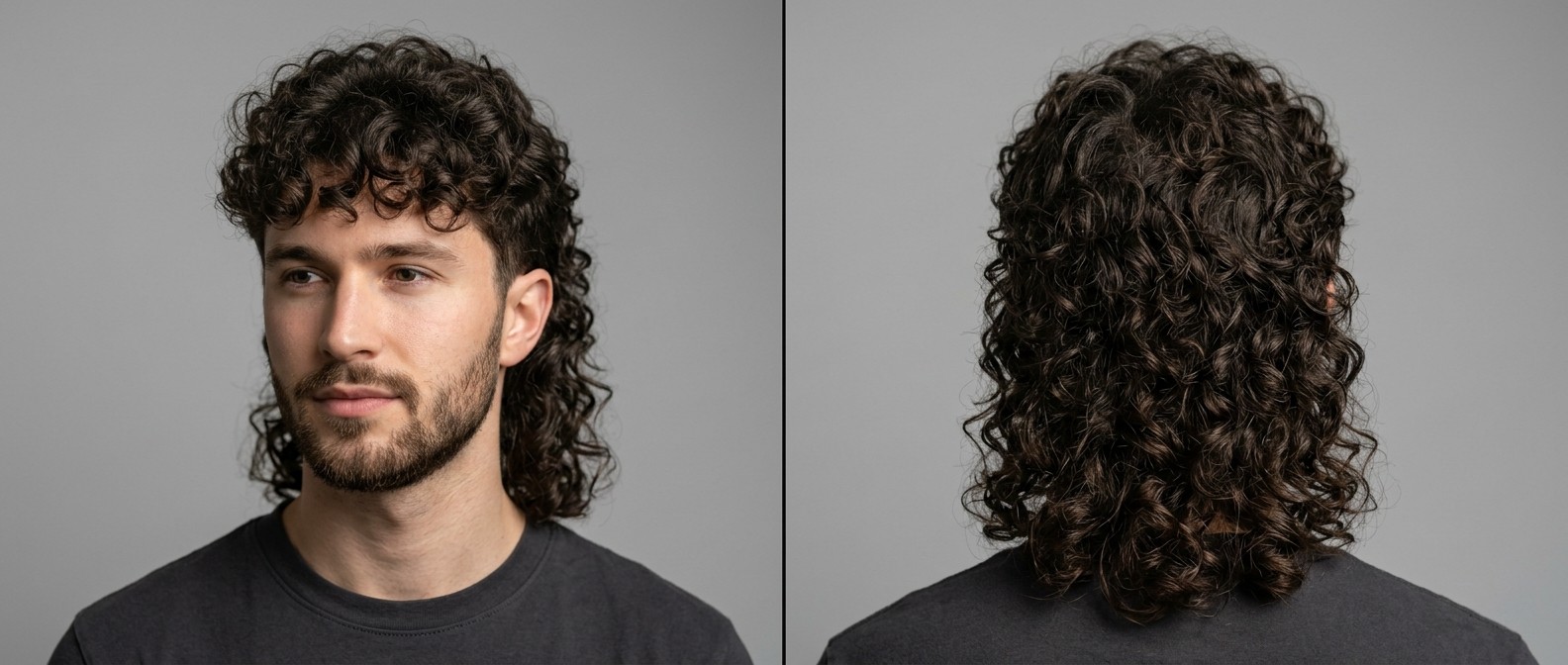 Front and back view of a young man with thick, dark brown Type 3 curls styled in a modern mullet with short sides and a voluminous back.