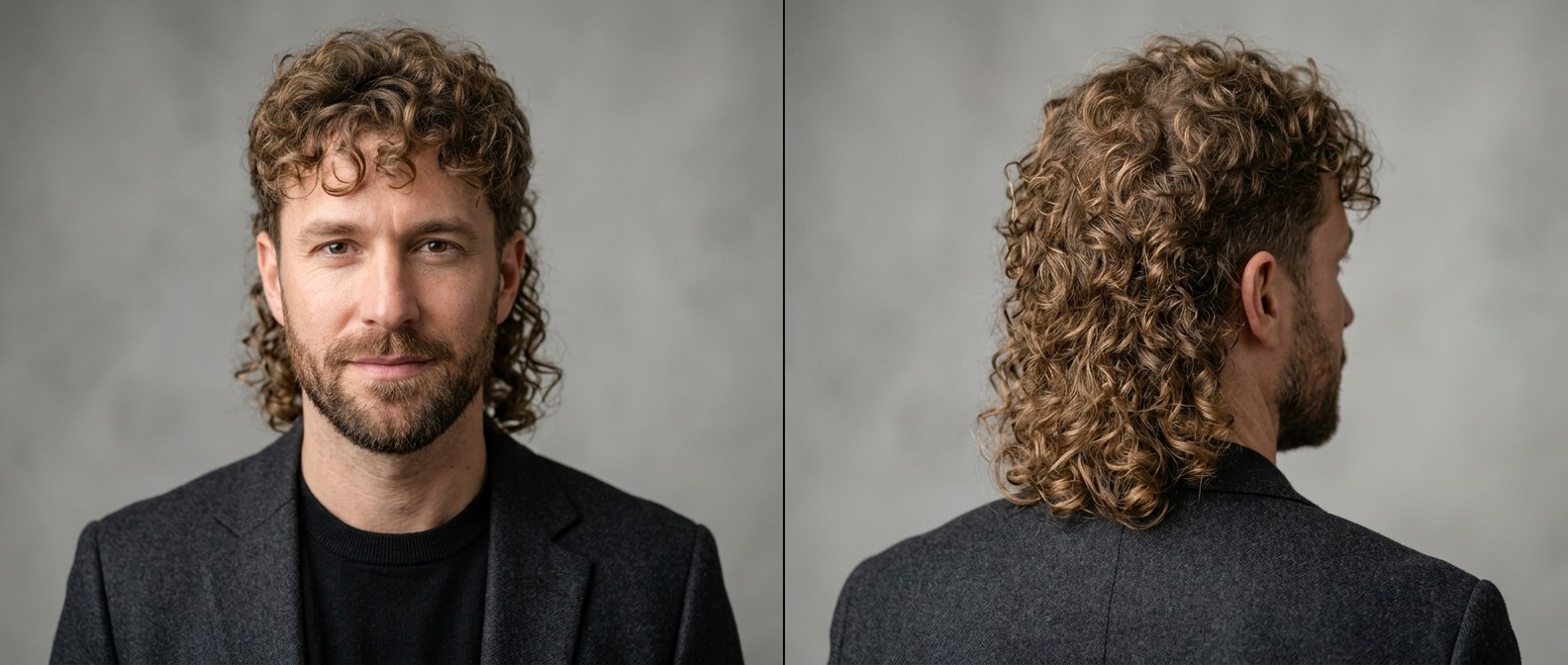 Front and back view of a Caucasian man aged 35-45 with a modern curly mullet, featuring short sides, a textured fringe, and a short groomed beard.