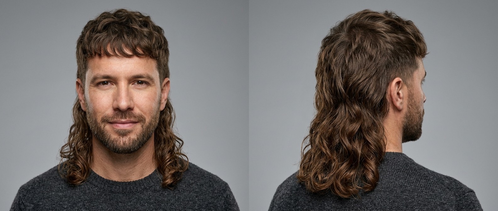 Front and side view of a man with an oval face sporting a modern wavy mullet featuring a textured fringe, short tapered sides, and long flowing back.