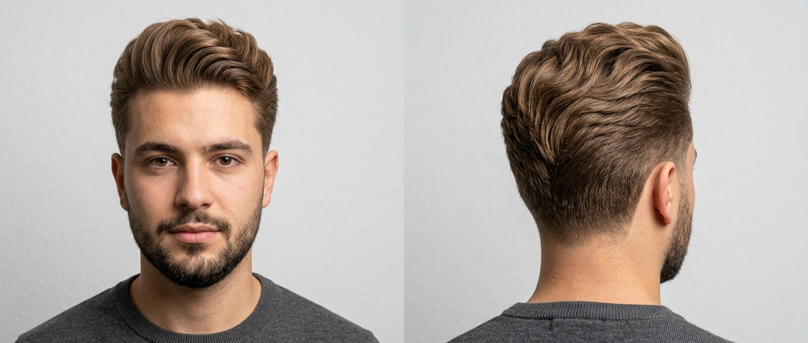 Young Caucasian man with olive skin modeling a modern wavy pompadour with tapered sides, sweeping frontal volume, and a neatly groomed short beard.