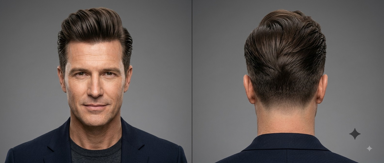 Front and back view of a mature man with dark brown hair styled in a classic, voluminous pompadour with swept-back tapered sides and textured top.