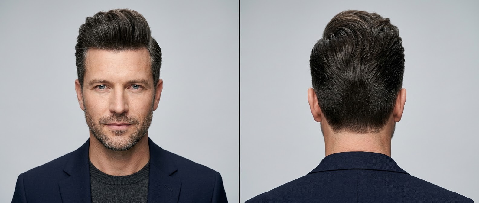 Mature man with a stubble beard modeling a classic high-volume swept-back pompadour with tapered sides and thick dark brown hair.