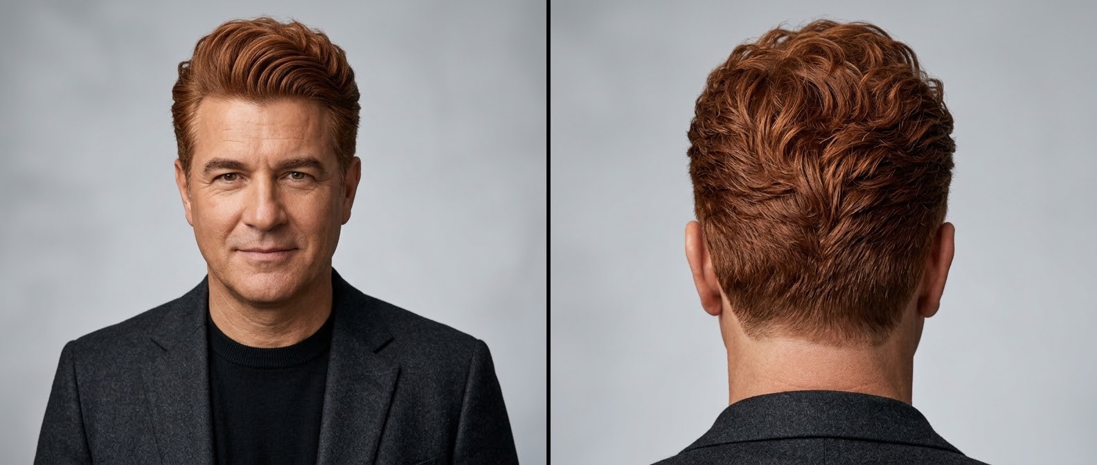 Mature Caucasian man with thick wavy red hair styled in a voluminous textured pompadour, featuring swept-back short sides and a prominent widow's peak.