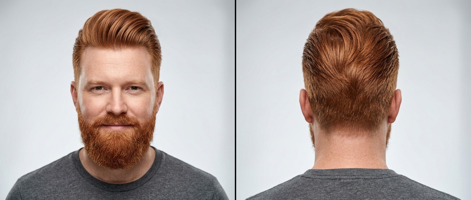 Vista frontal y trasera de un hombre pelirrojo con un pompadour texturizado voluminoso, laterales degradados y barba cuidada.