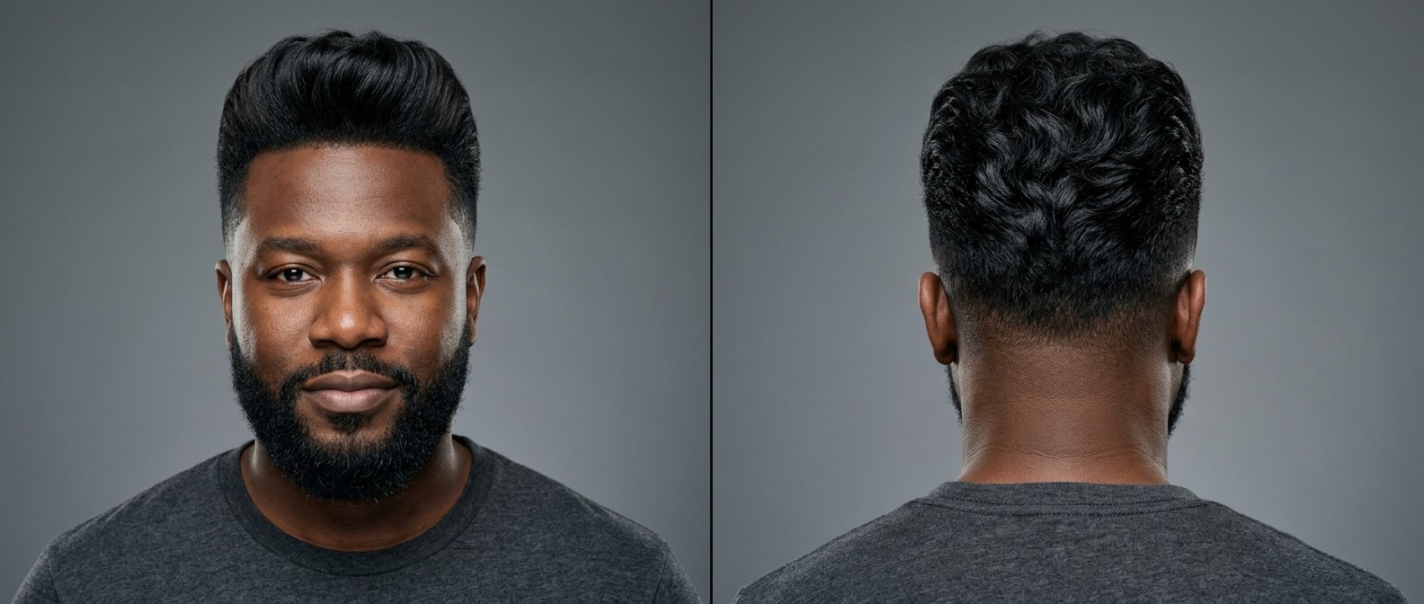 Black man with a high-volume wavy pompadour, short tapered sides, sharp hairline, and a full groomed beard, shown from front and back angles.