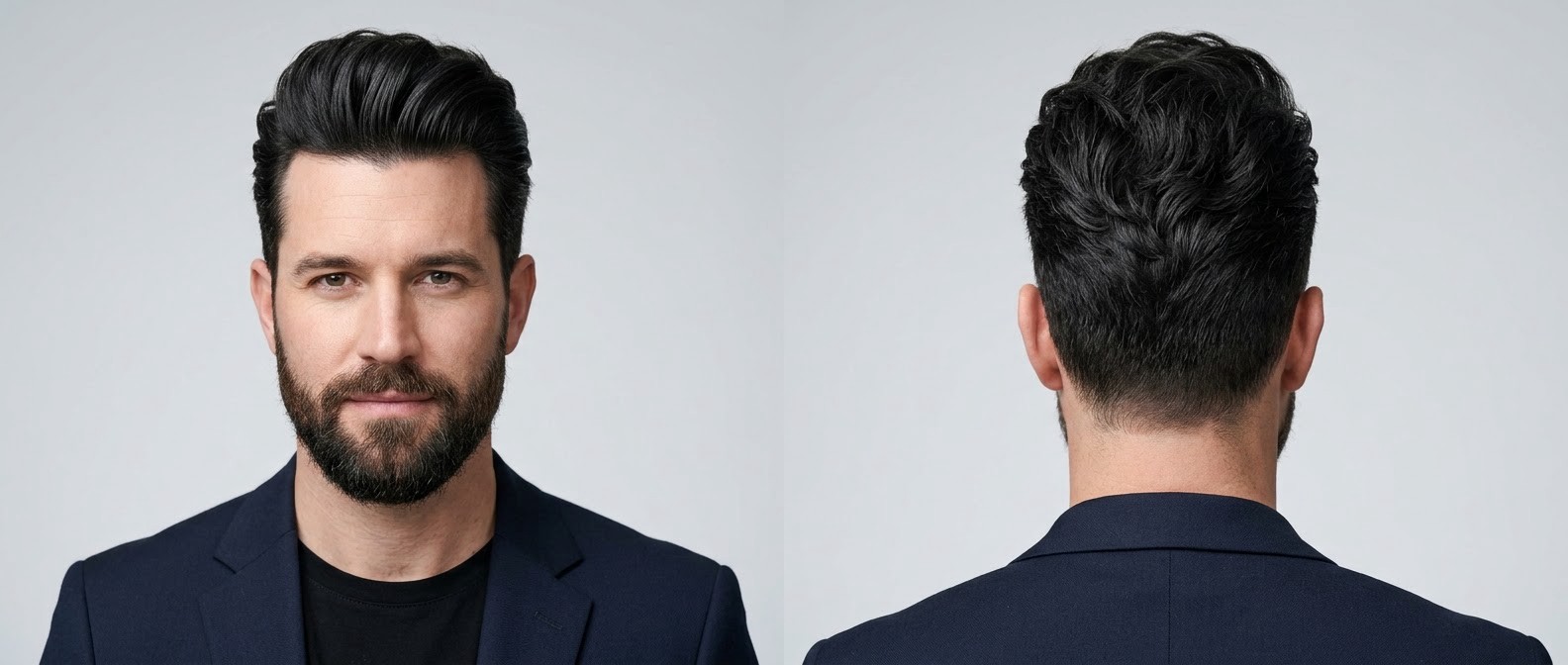 Front and back view of a 40-year-old Caucasian man with a textured wavy pompadour, short sides, widow's peak, and a well-groomed beard.