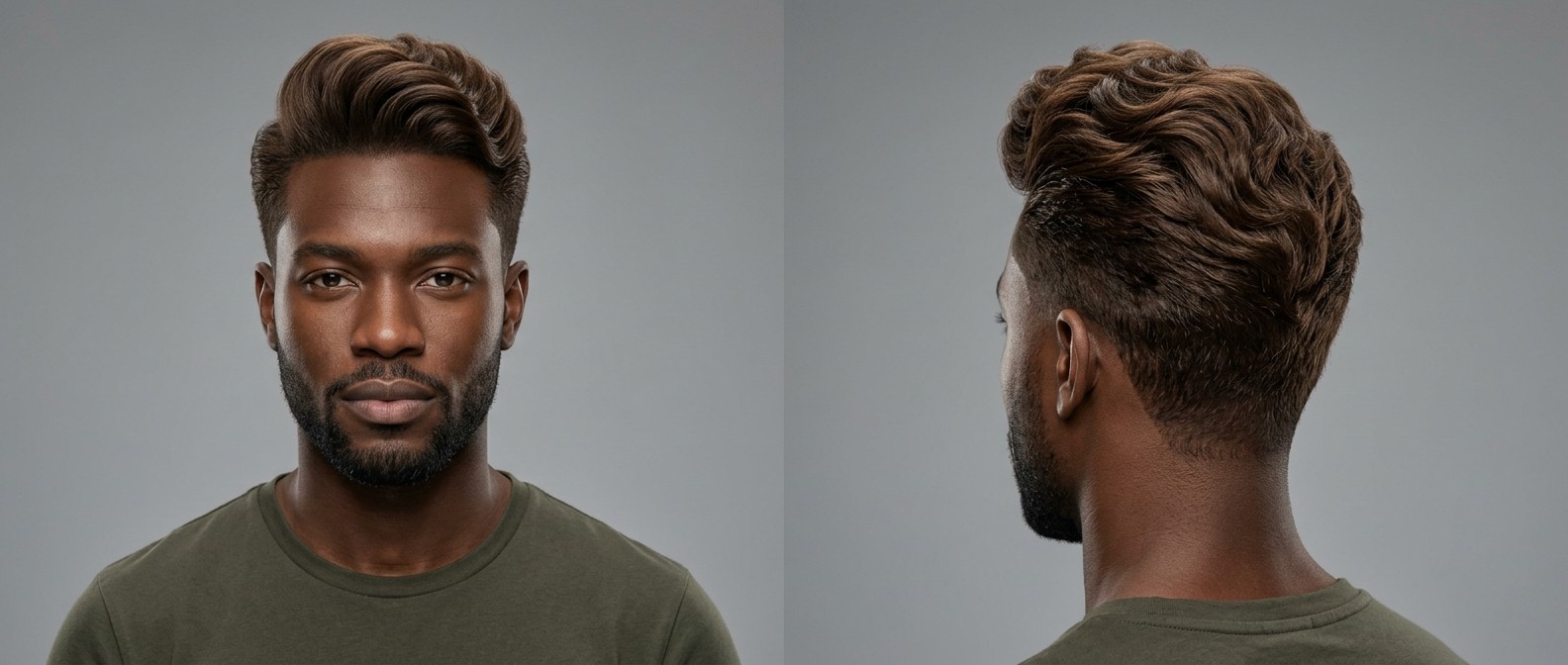 Hombre de piel oscura con barba corta luciendo un pompadour castaño ondulado con laterales degradados y línea frontal marcada.