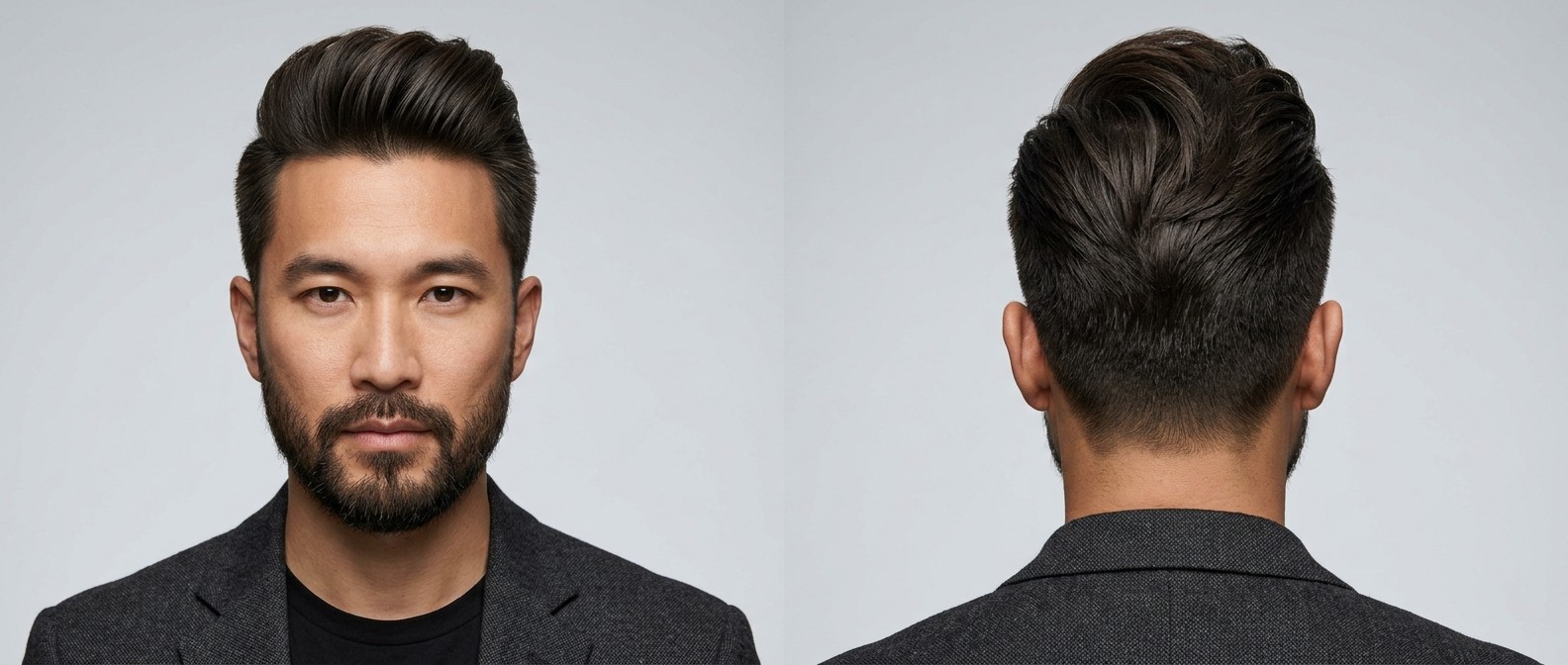 Hombre asiático de 35-45 años con barba, luciendo un pompadour texturizado hacia atrás con laterales cortos.