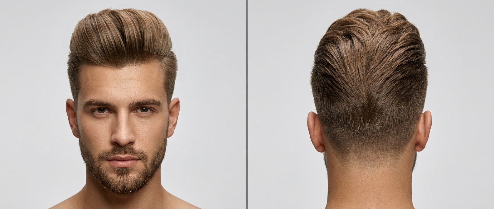 Vista frontal y posterior de un joven con un pompadour moderno de gran volumen, laterales degradados y nuca en forma de V.