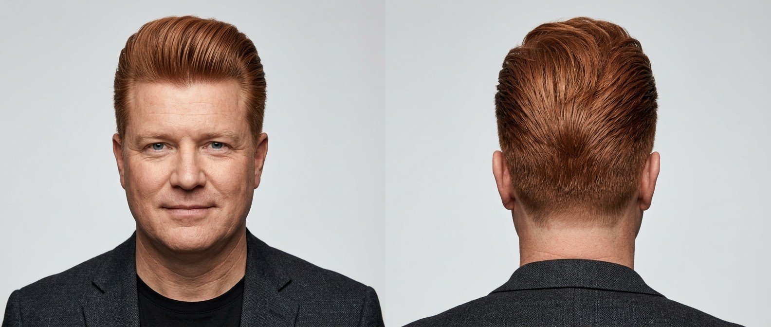 Hombre de mediana edad con cabello grueso peinado en un pompadour clásico de alto volumen con laterales degradados a tijera.