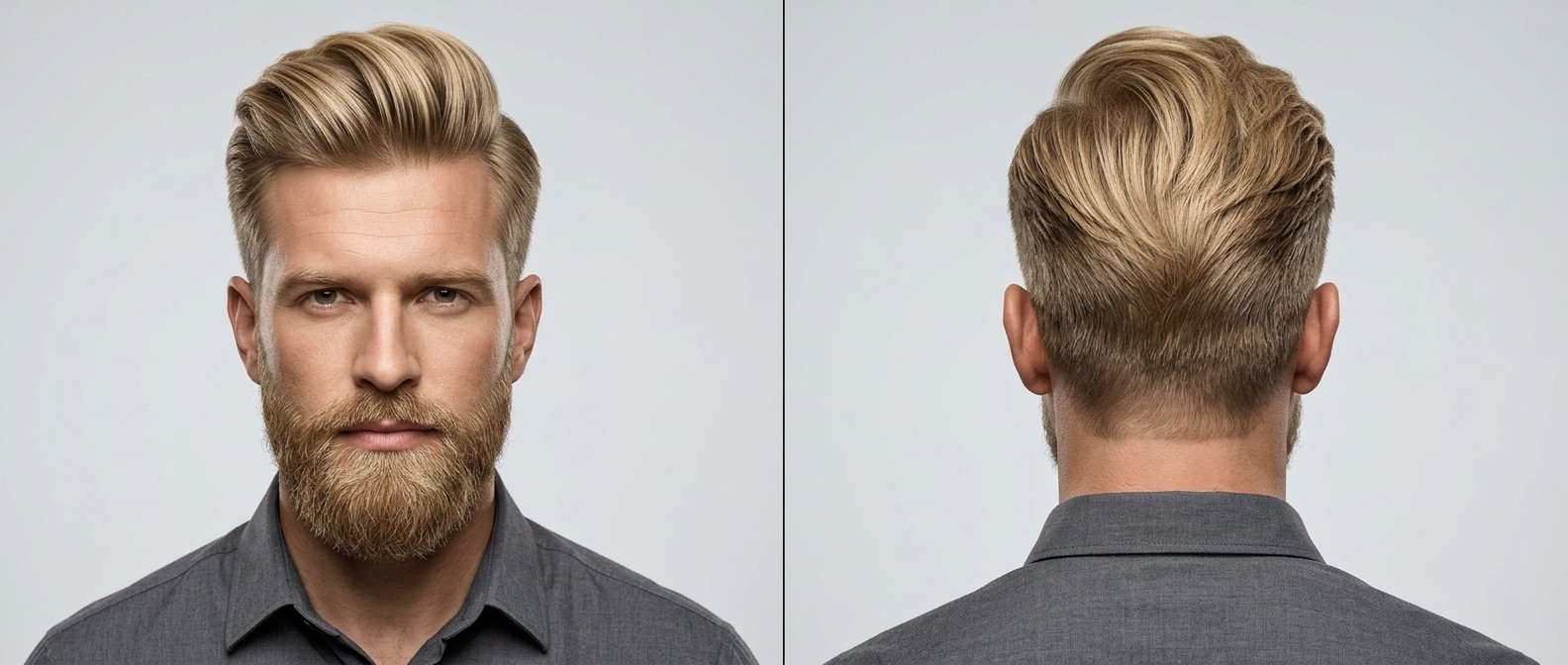 Vista frontal y trasera de un hombre rubio de 40 años con barba poblada y un pompadour clásico de alto volumen con laterales degradados.