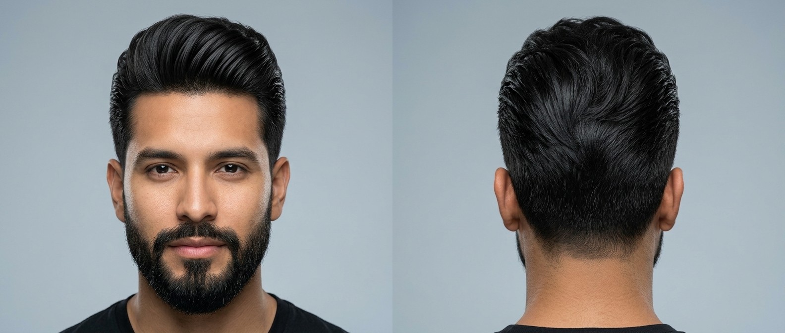 Vista frontal y posterior de un hombre latino con pompadour texturizado de gran volumen, laterales degradados y barba oscura bien cuidada sobre fondo gris.