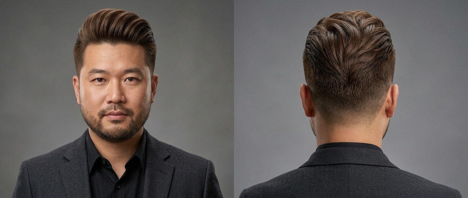 Homem asiático de 35-45 anos com barba curta, usando um pompadour moderno texturizado e volumoso.