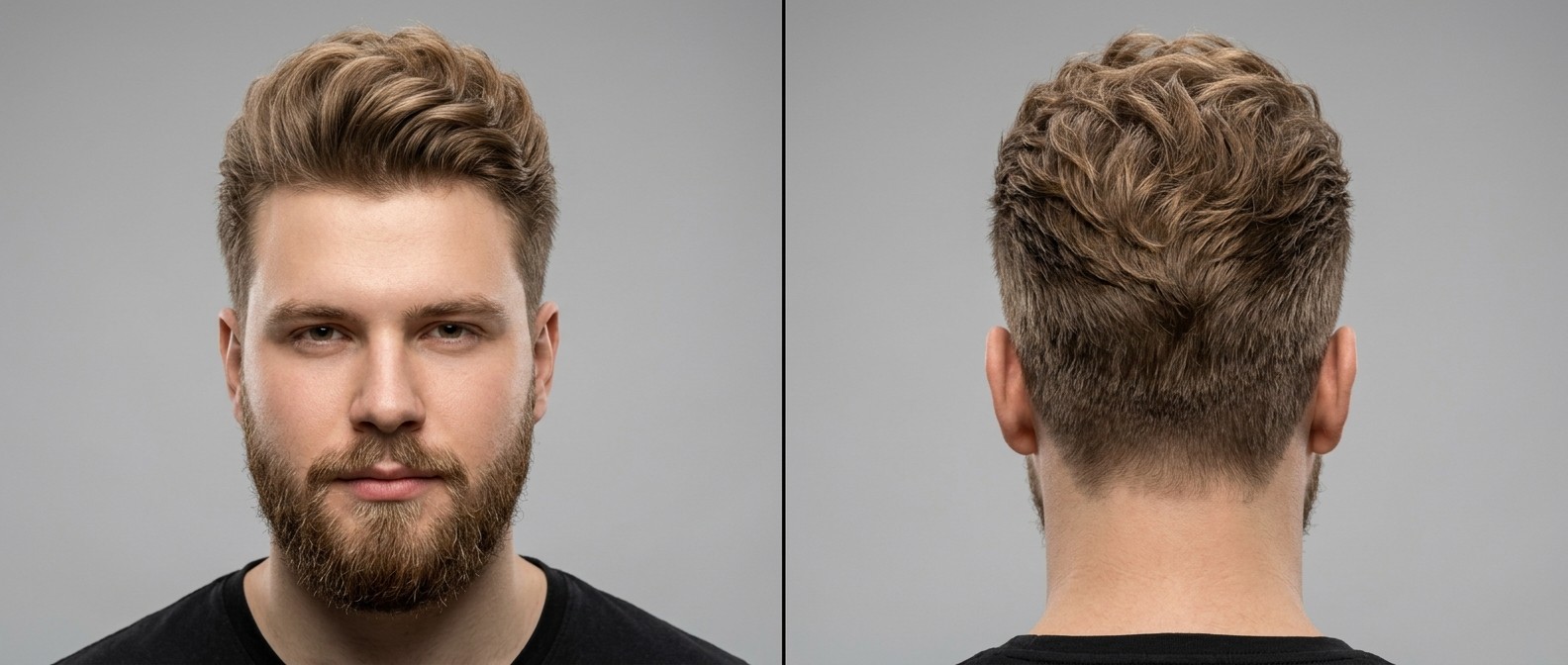 Front and back view of a young man with a textured wavy pompadour, classic tapered sides, and a well-groomed connected beard on a solid grey background.