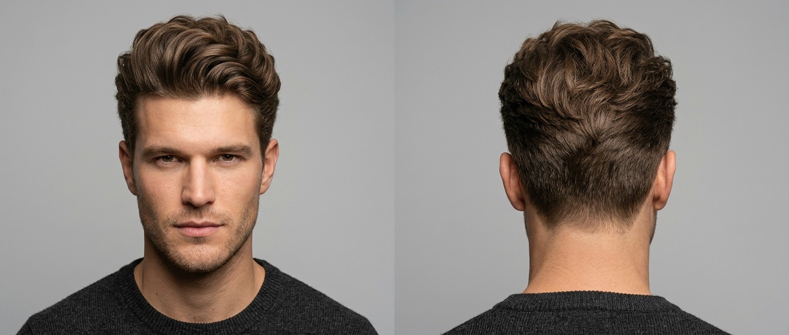 Vista frontal y trasera de un joven con un pompadour ondulado moderno, con laterales degradados y cabello castaño voluminoso peinado hacia atrás.