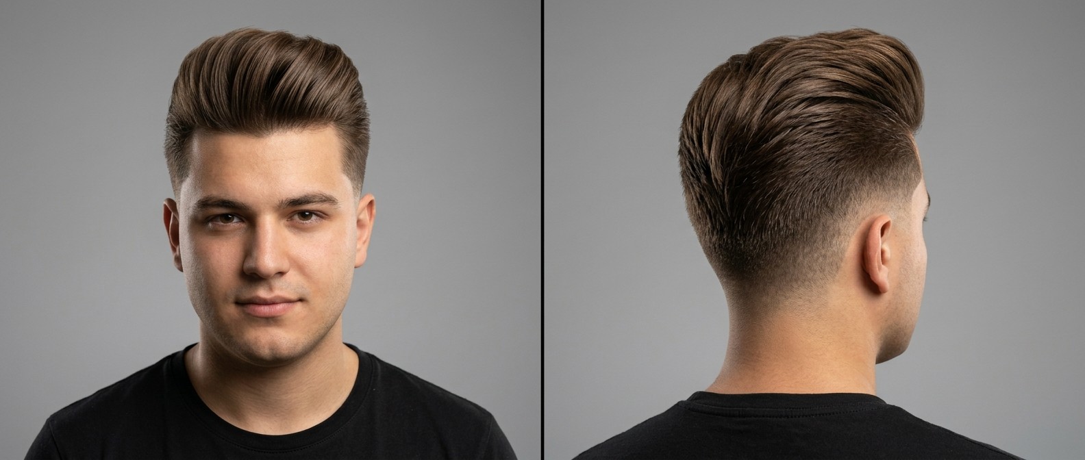 Young man with olive skin modeling a high-volume modern pompadour with a sharp mid fade, showcasing thick straight brown hair styled back.