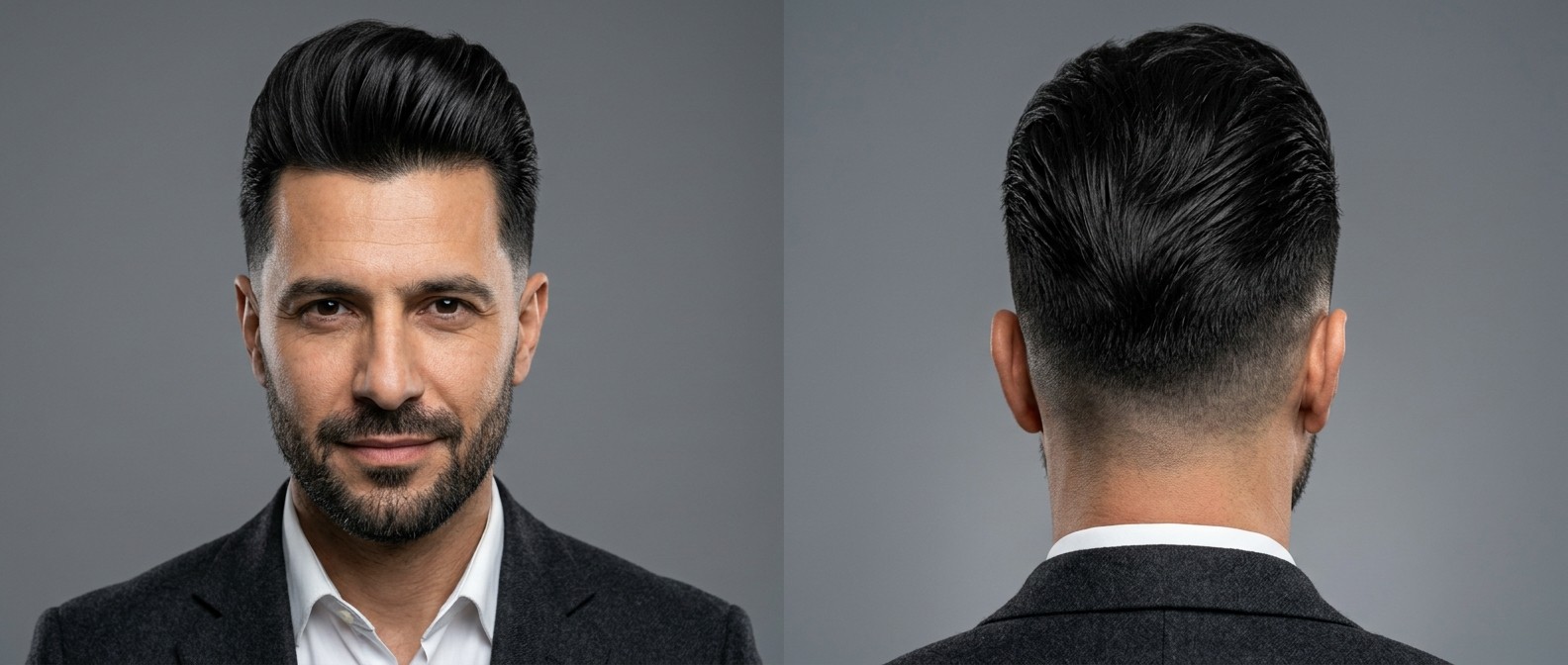 Mature man with a high-volume textured pompadour, faded sides, and short beard, showing both front and back views of the sophisticated hairstyle.