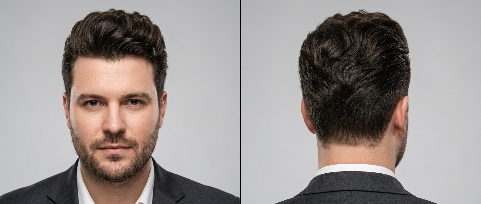 Front and back view of a 35-45 year old Caucasian man with a modern textured wavy pompadour, featuring short tapered sides and a voluminous top.