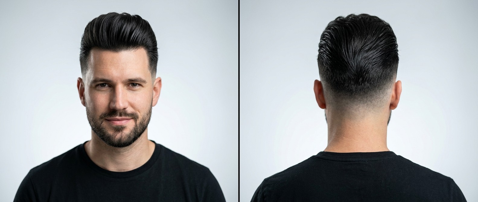 Front and back view of a Caucasian man with a high-volume straight pompadour, mid drop fade, deep comb texture, and a short groomed beard.