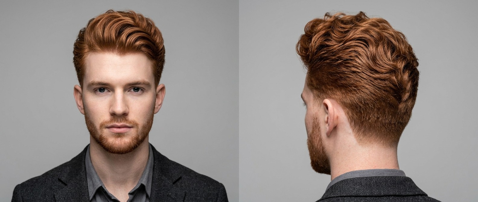 Front and side view of a young man with red hair wearing a modern, high-volume wavy pompadour with tapered sides and a short, well-groomed beard.