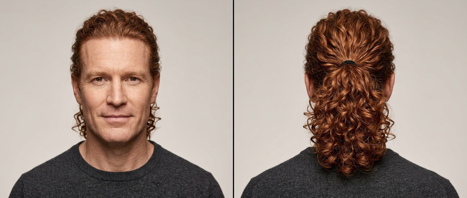 Mature man with red curly hair styled in a mid-level ponytail, showcasing a receding hairline and natural Type 3 ringlets on a square face.