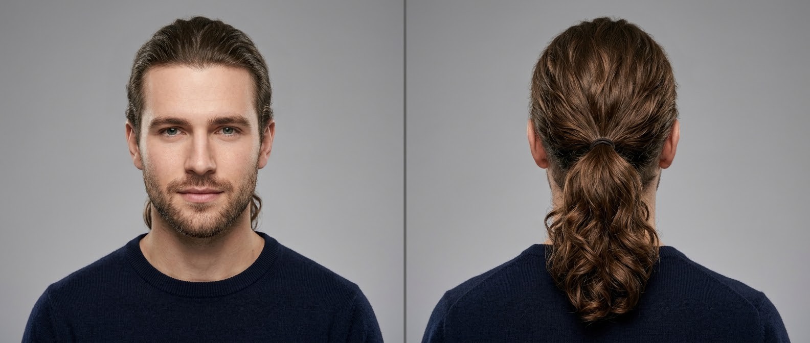 Front and back view of a young Caucasian man with a stubble beard wearing a relaxed, wavy mid-level ponytail for thick brown hair.