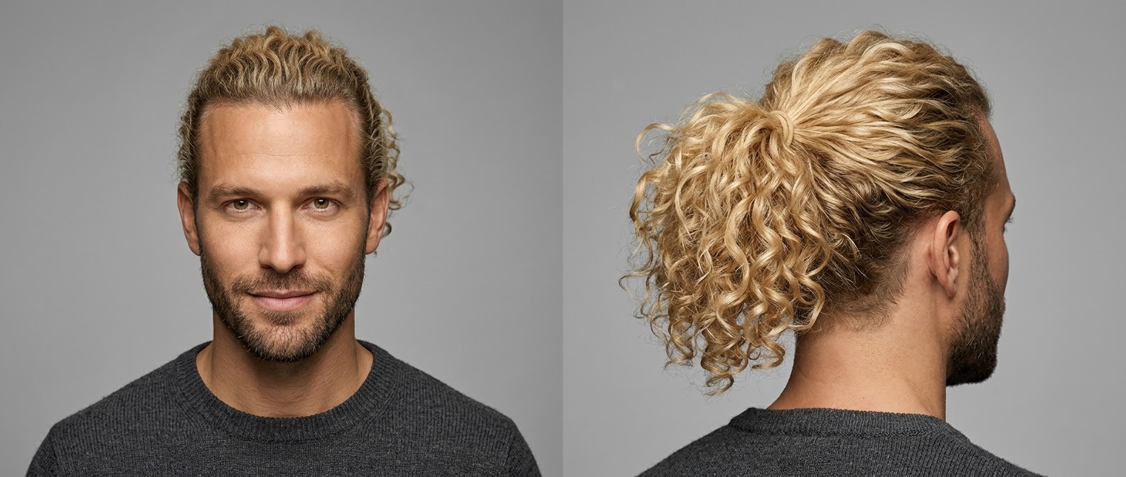 Handsome man with olive skin and short beard wearing his long, naturally curly blonde hair in a stylish mid-ponytail against a gray background.