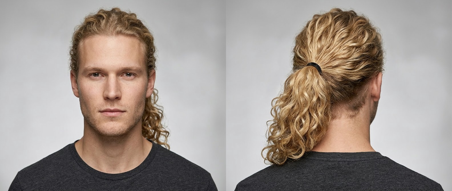 Front and back view of a young blonde man with a square jawline wearing his long, naturally curly hair in a casual mid-height ponytail.