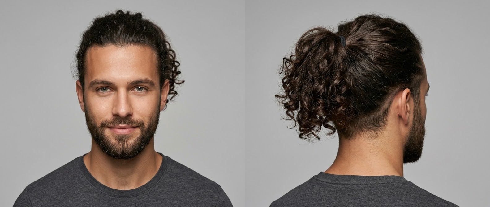 Young man with a dark brown, thick curly ponytail, tapered nape, and a well-groomed full beard, demonstrating a sporty hairstyle for oval faces.