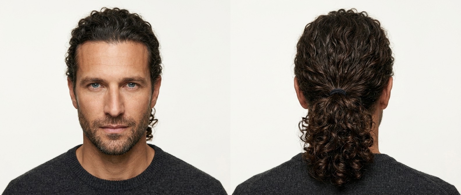 Mature Caucasian man with olive skin and short beard wearing a mid-level curly ponytail. Thick Type 3 brown ringlets pulled securely back.