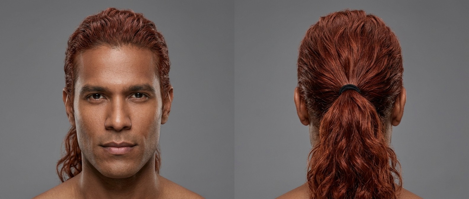 Front and back view of a Latino man aged 35-45 with dark skin and a receding hairline wearing a wavy copper-red low ponytail.